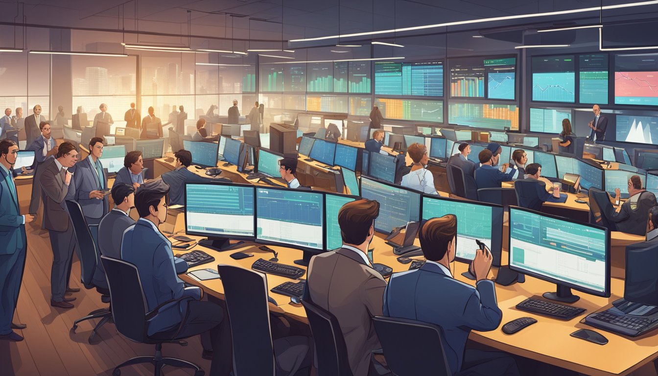 A bustling trading floor with brokers on the phone, analyzing screens, and making deals. The room is filled with energy and excitement as money changes hands