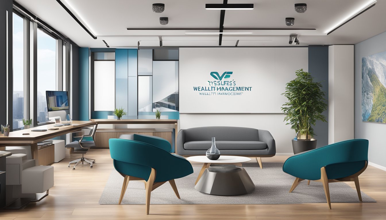 A modern office with sleek furniture and a large logo of "Syfe's Wealth Management" prominently displayed on the wall