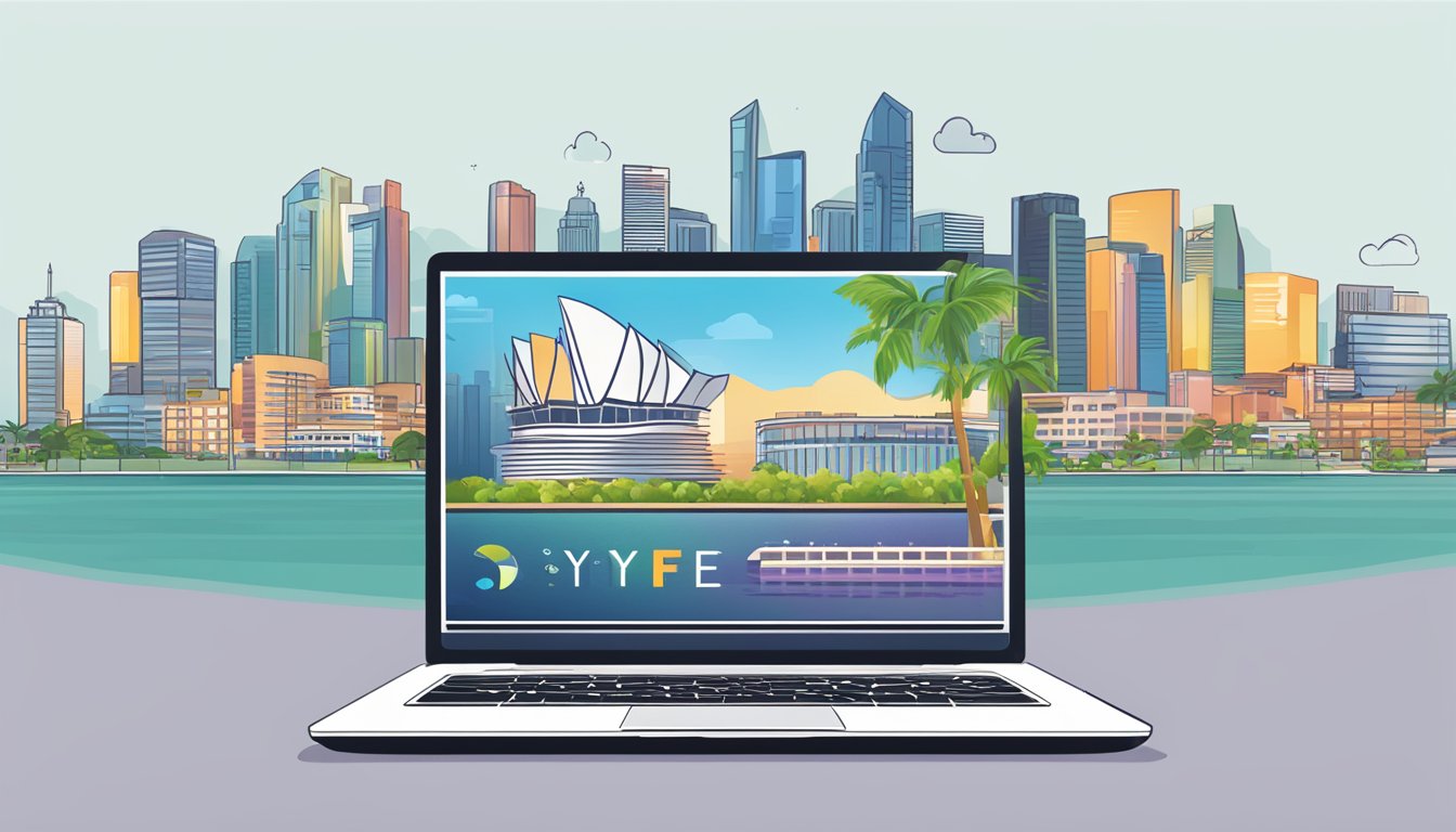 A laptop displaying the Syfe website with the Singapore skyline in the background