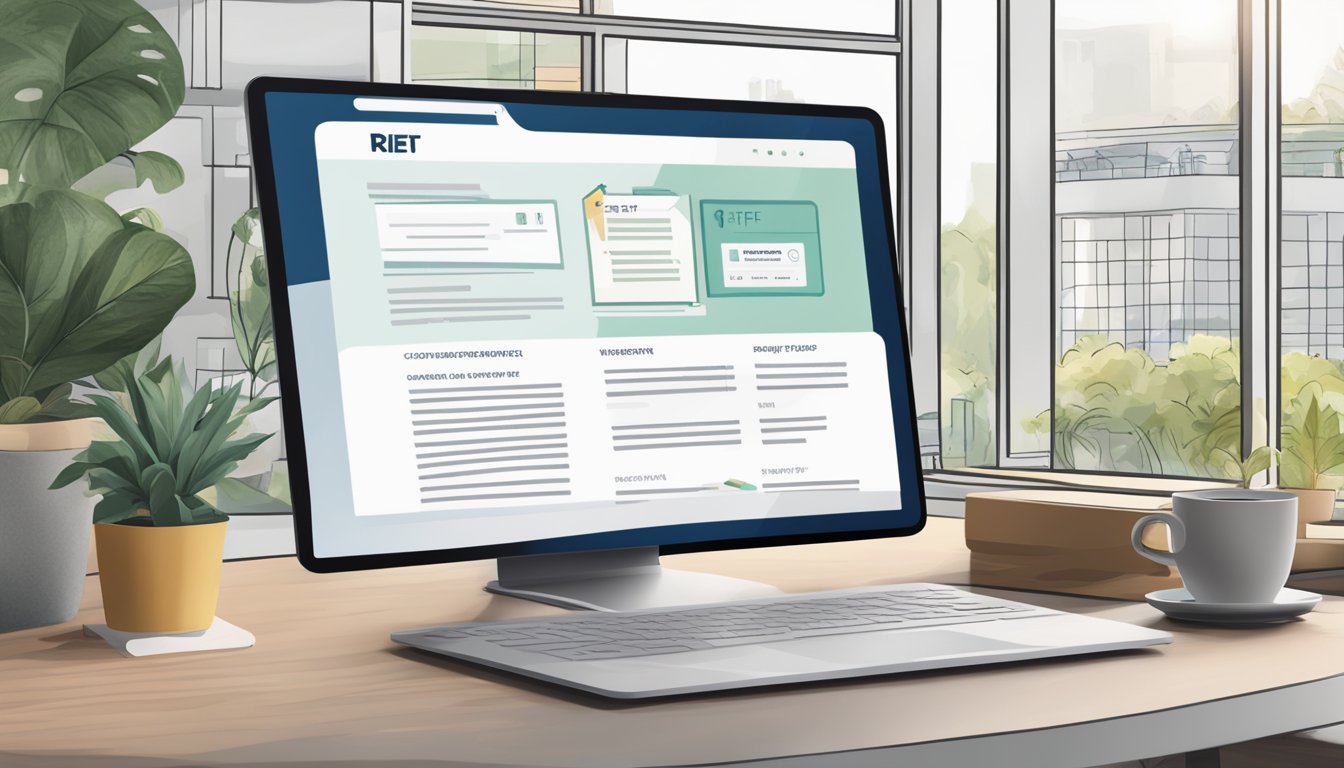 A computer screen displaying the Syfe REIT+ website with the FAQ section open, surrounded by a cozy workspace with a cup of coffee and a notebook