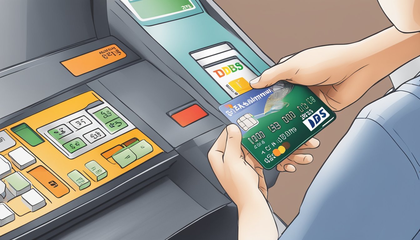 A debit card being swiped at a cashier with Takashimaya and DBS logos, displaying fees and charges in Singapore