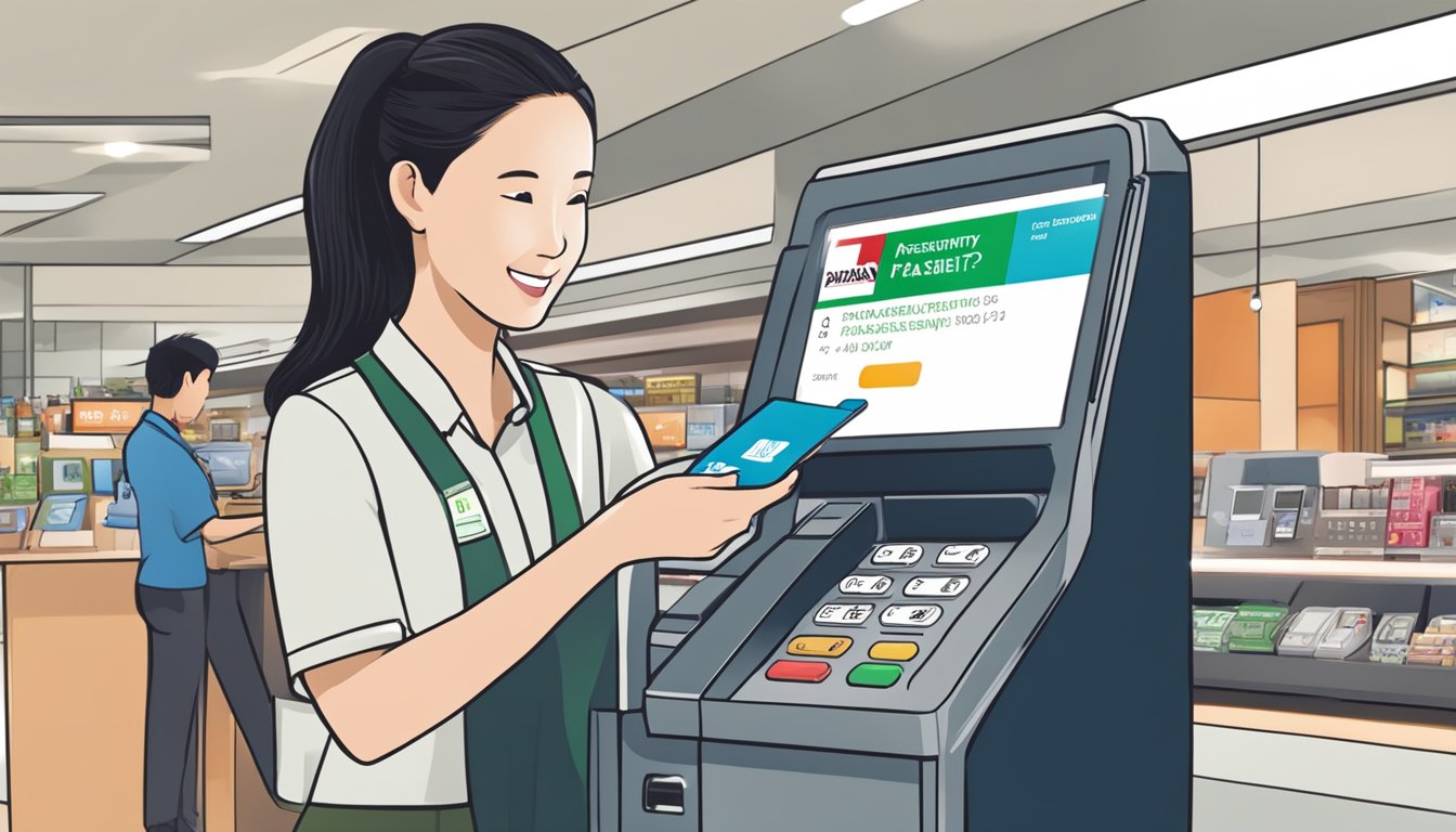 A customer swipes a Takashimaya DBS debit card at a Singapore store's payment terminal, with a "Frequently Asked Questions" section displayed on the screen