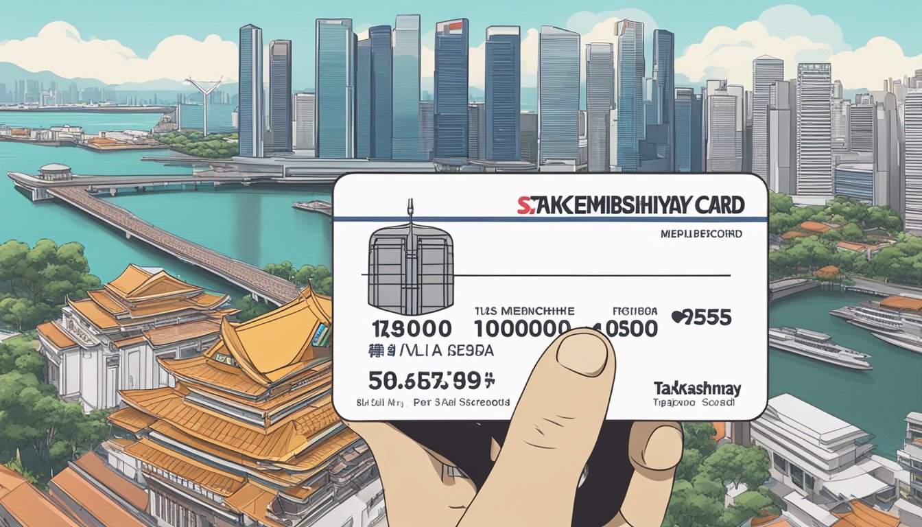 A hand holding a Takashimaya membership card with the Singapore skyline in the background