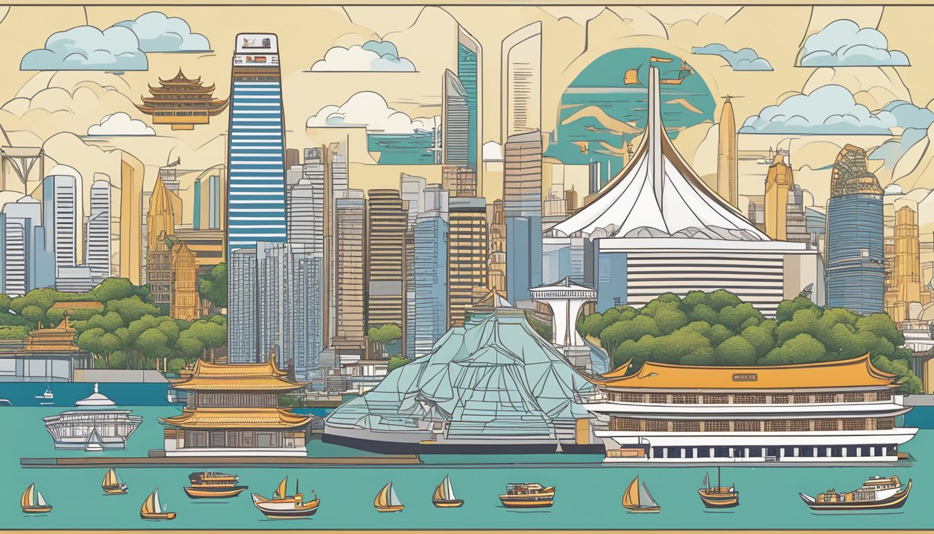 A Takashimaya member card is displayed against a backdrop of iconic Singapore landmarks and symbols, with the terms and policies written in bold, clear text