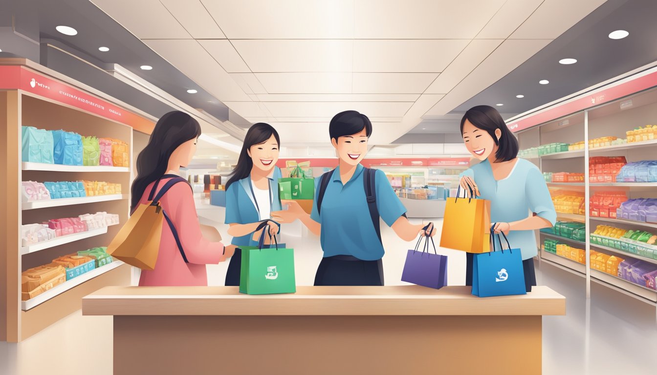 Customers redeeming Takashimaya points at checkout, receiving discounts and freebies. Shopping bags filled with purchases, staff assisting with smiles