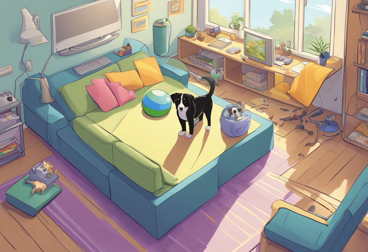 A dog eagerly follows commands, while a cat lounges in the sun. A computer and pet toys are scattered around the room