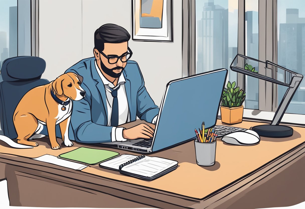 A behavior consultant sits at a desk with a laptop and pet toys, preparing to start an online pet behavior consulting session
