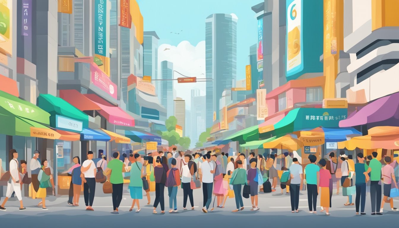 A bustling street in Singapore, with colorful signs advertising money exchange rates. Crowds of tourists and locals pass by, comparing rates and exchanging currency
