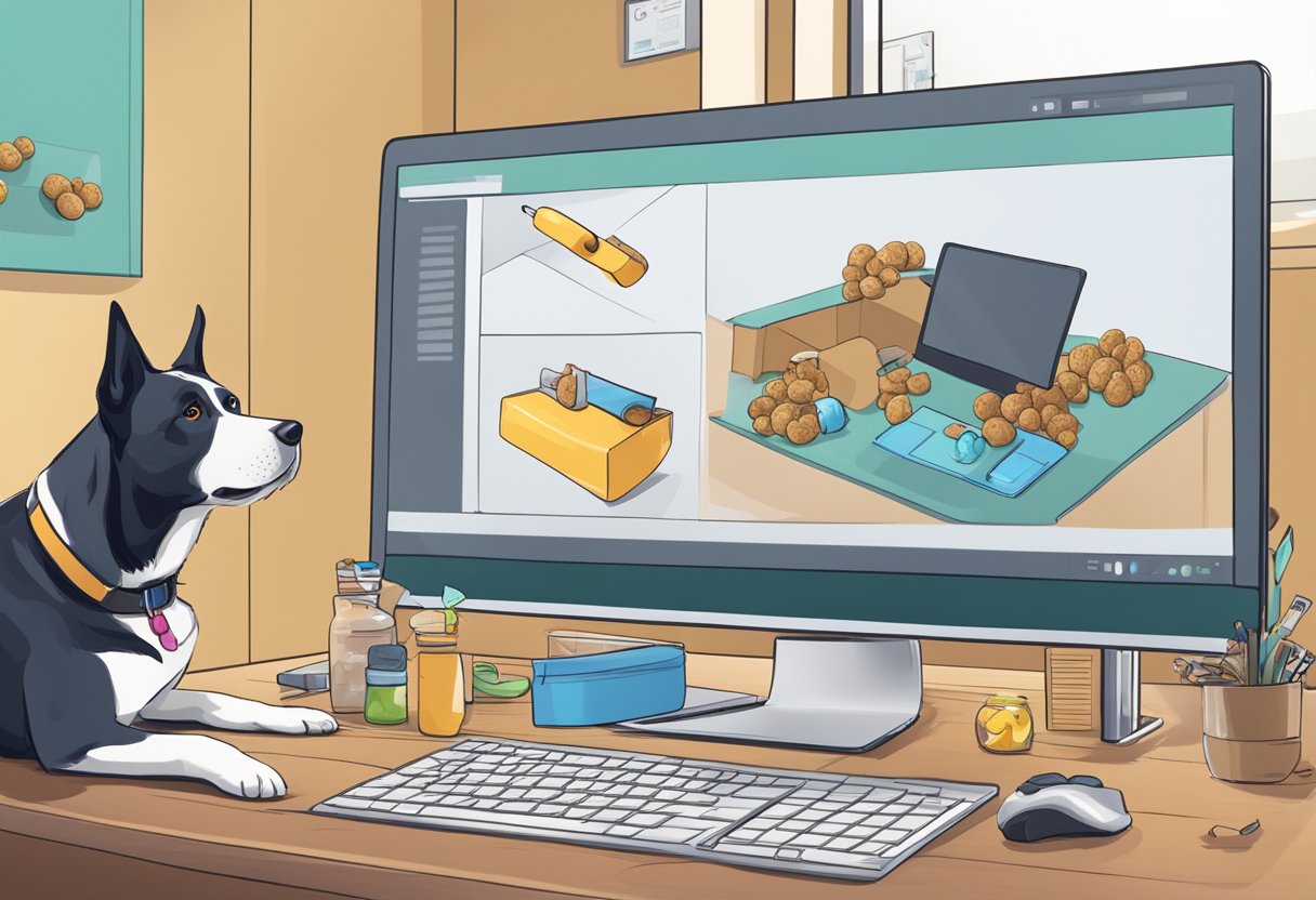 A dog sitting attentively while a virtual training session is conducted on a computer screen, with treats and toys scattered around the room