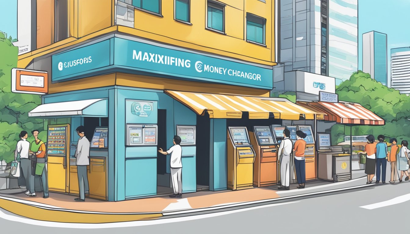 A bustling money changer kiosk in Singapore, with a prominent sign advertising "Maximising Value for Money" and a steady stream of customers exchanging currency
