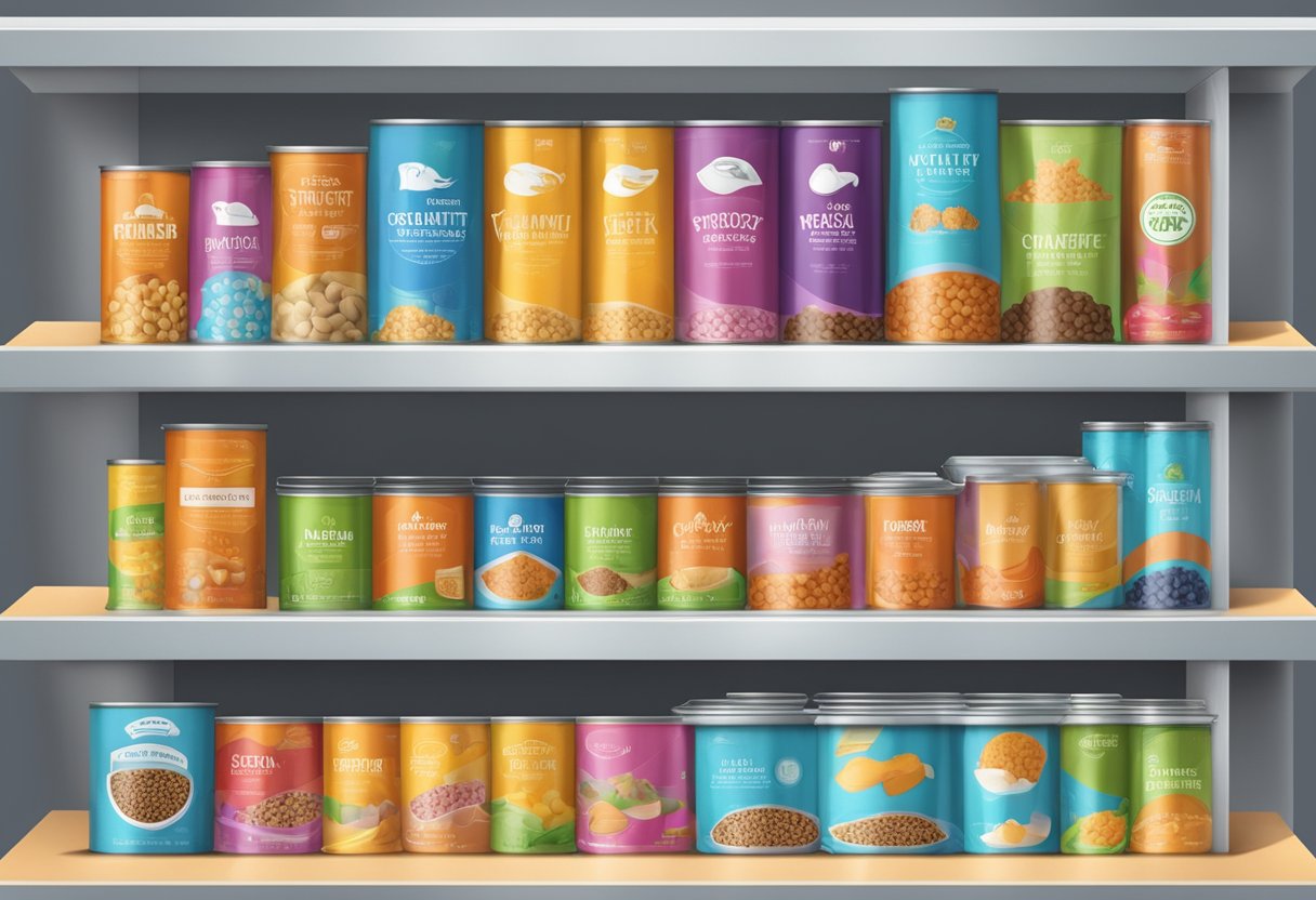 A colorful array of pet food bags and cans, with clear labels and safety seals, displayed on a clean, organized shelf