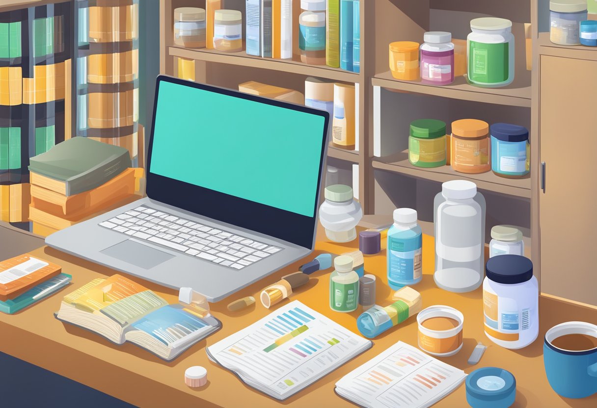 Various supplements and additives arranged on a desk, with a computer and pet nutrition books in the background