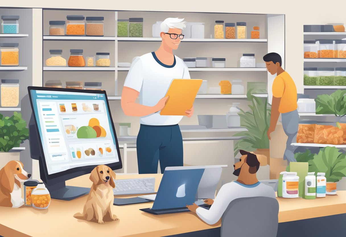 Pets enjoy specialized diets, with an online pet nutrition consultant guiding their owners. The consultant uses a computer to connect with clients, while shelves display pet food and supplements