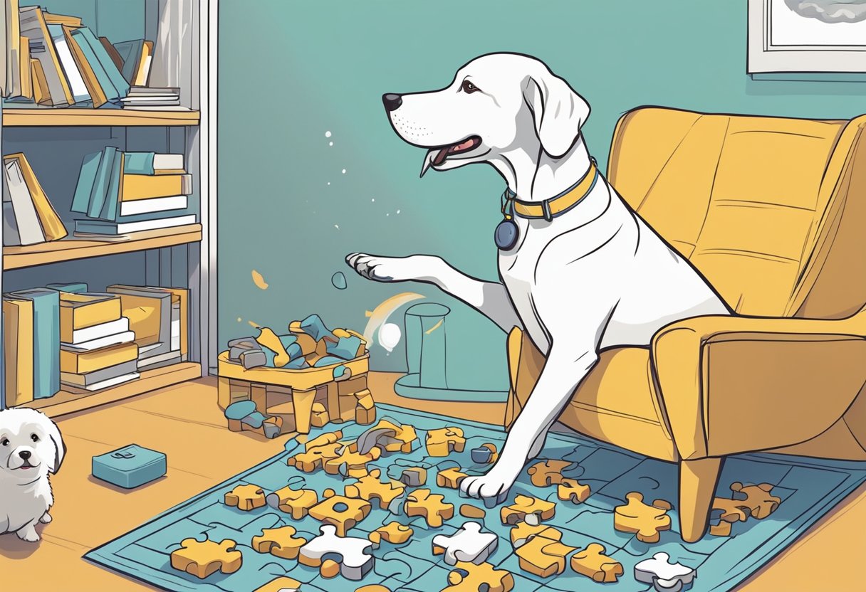 A dog eagerly engages in enrichment activities, such as puzzle toys and scent games, under the guidance of an online pet behavior consultant