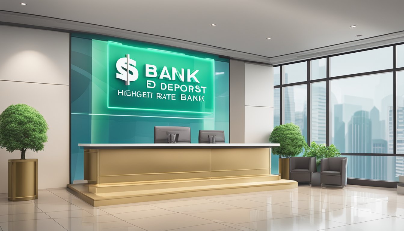 A bank sign displays "Highest Fixed Deposit Rate in Singapore" with a percentage and currency symbol. The background features a modern and professional bank interior