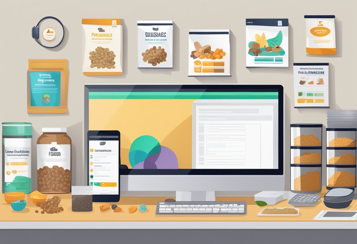 A variety of pet food and supplements displayed on a clean, organized workspace with a computer and phone nearby for online consulting