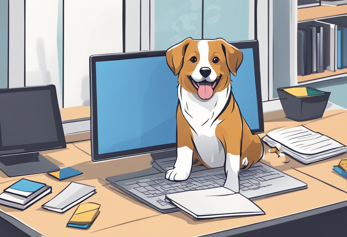 A happy dog sits in front of a computer with a logo for a pet training business on the screen. Books and a notepad are scattered around, indicating preparation and organization for online pet behavior consulting