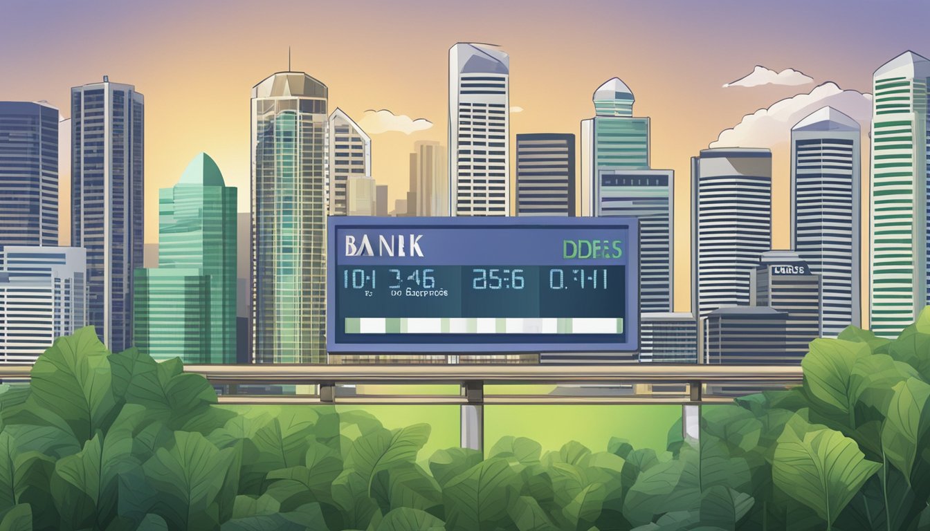 A bank sign displays "Highest Fixed Deposit Rate in Singapore" with a chart showing increasing interest rates. The Singapore skyline is visible in the background