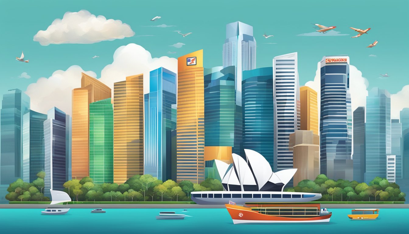 A vibrant cityscape with prominent bank logos and towering skyscrapers, showcasing the competitive nature of Singapore's financial sector