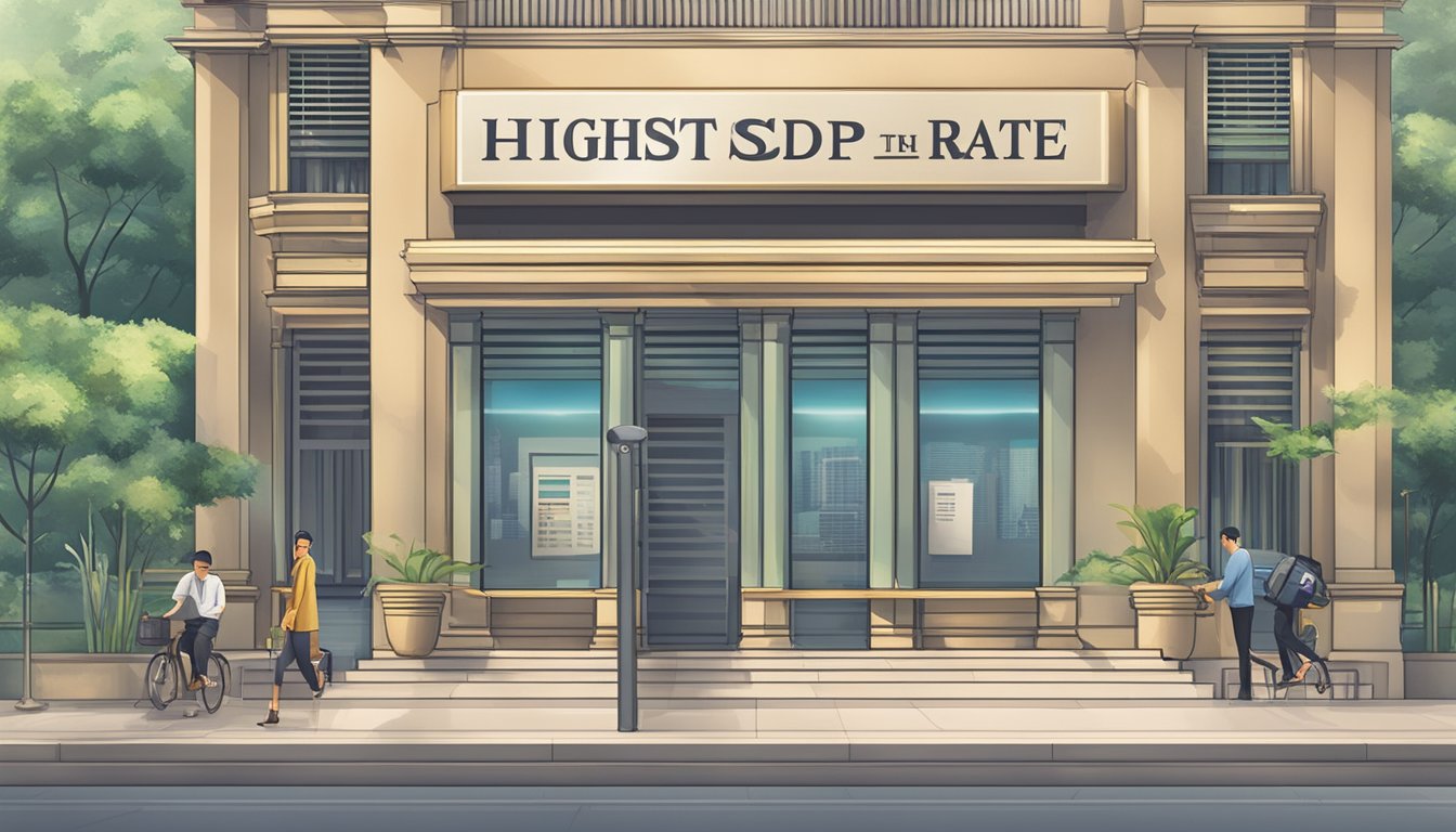 A bank sign displaying "Highest Fixed Deposit Rate in Singapore" with terms and conditions listed below