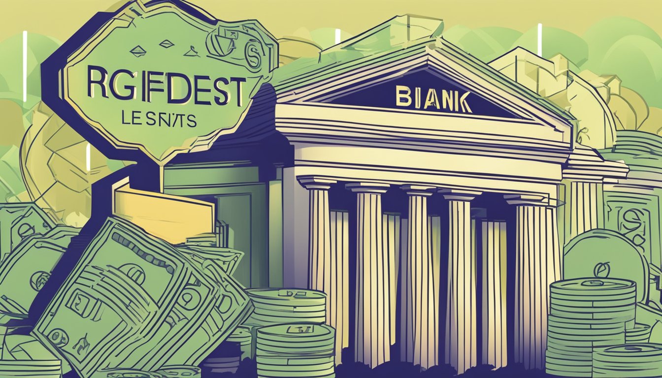 A bank sign displaying "Highest Fixed Deposit Rate in Singapore" with a graph showing increasing returns. A stack of money symbolizing growth