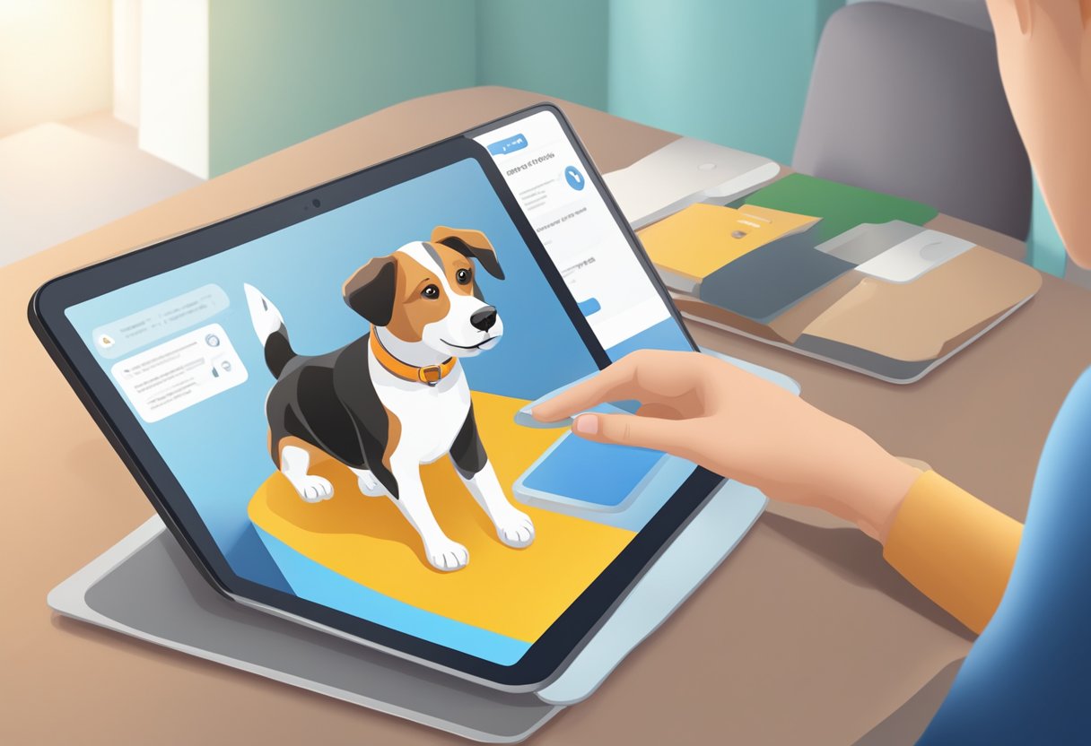 A dog interacts with a tablet displaying a pet training app. A virtual pet behavior consultant guides the training process