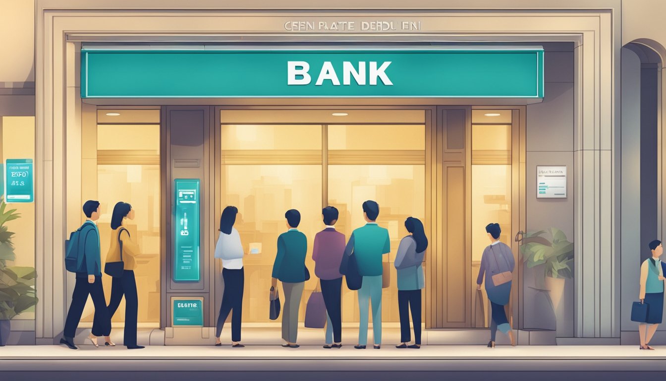 A bank's sign displays "Highest Fixed Deposit Rate in Singapore" with a queue of customers waiting inside
