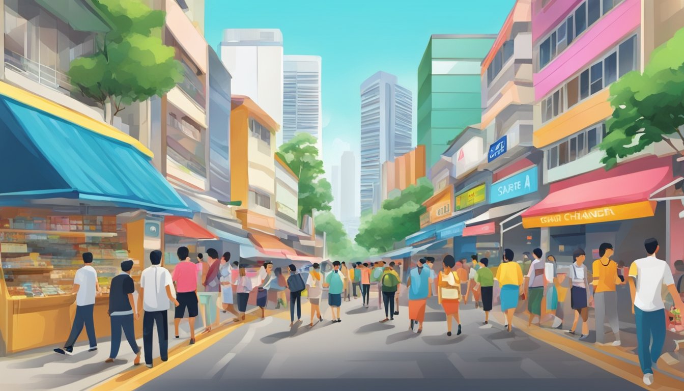 A bustling street in Toa Payoh, Singapore. A money changer's shop stands out among the colorful storefronts. Pedestrians and vehicles fill the busy thoroughfare
