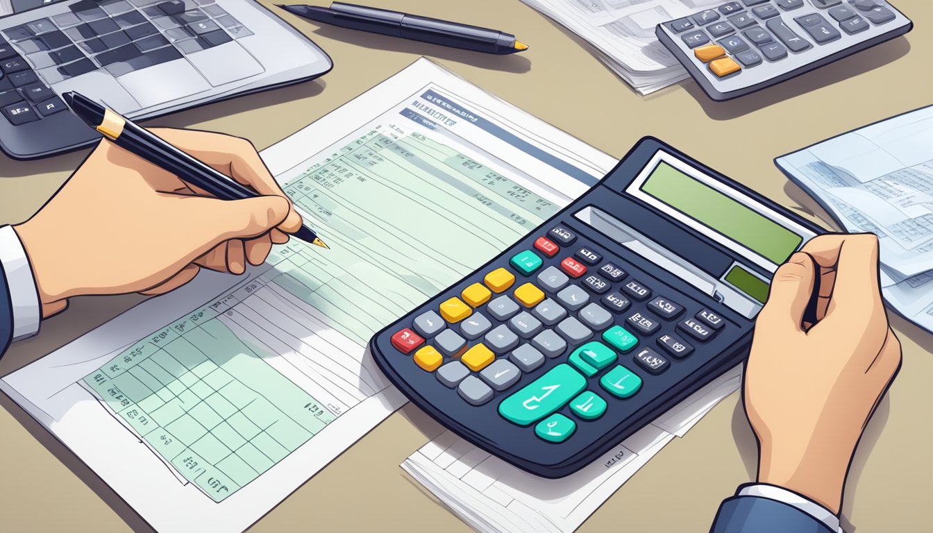 A person calculating financial data with a calculator and reviewing loan documents