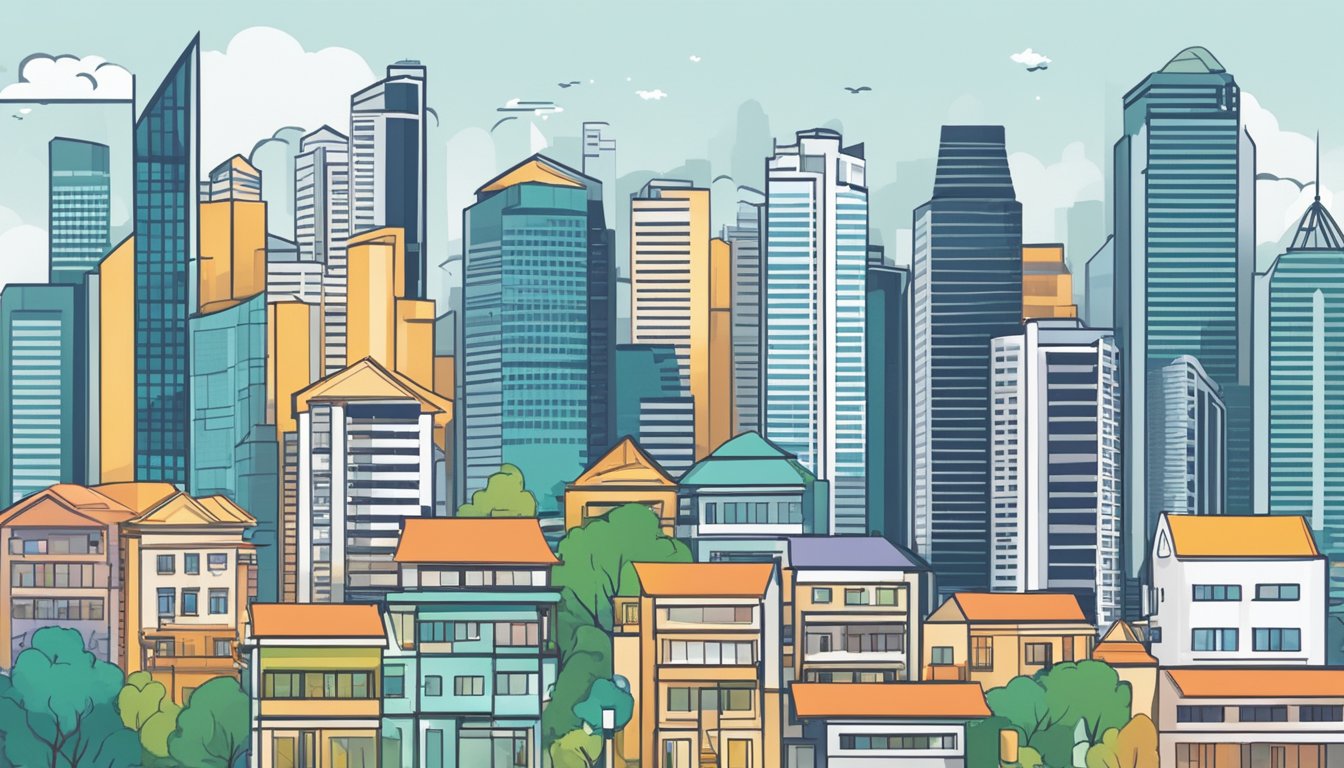 A bustling cityscape of Singapore with real estate properties and financial charts, symbolizing the impact of Total Debt Servicing Ratio (TDSR) cooling measures on the property market