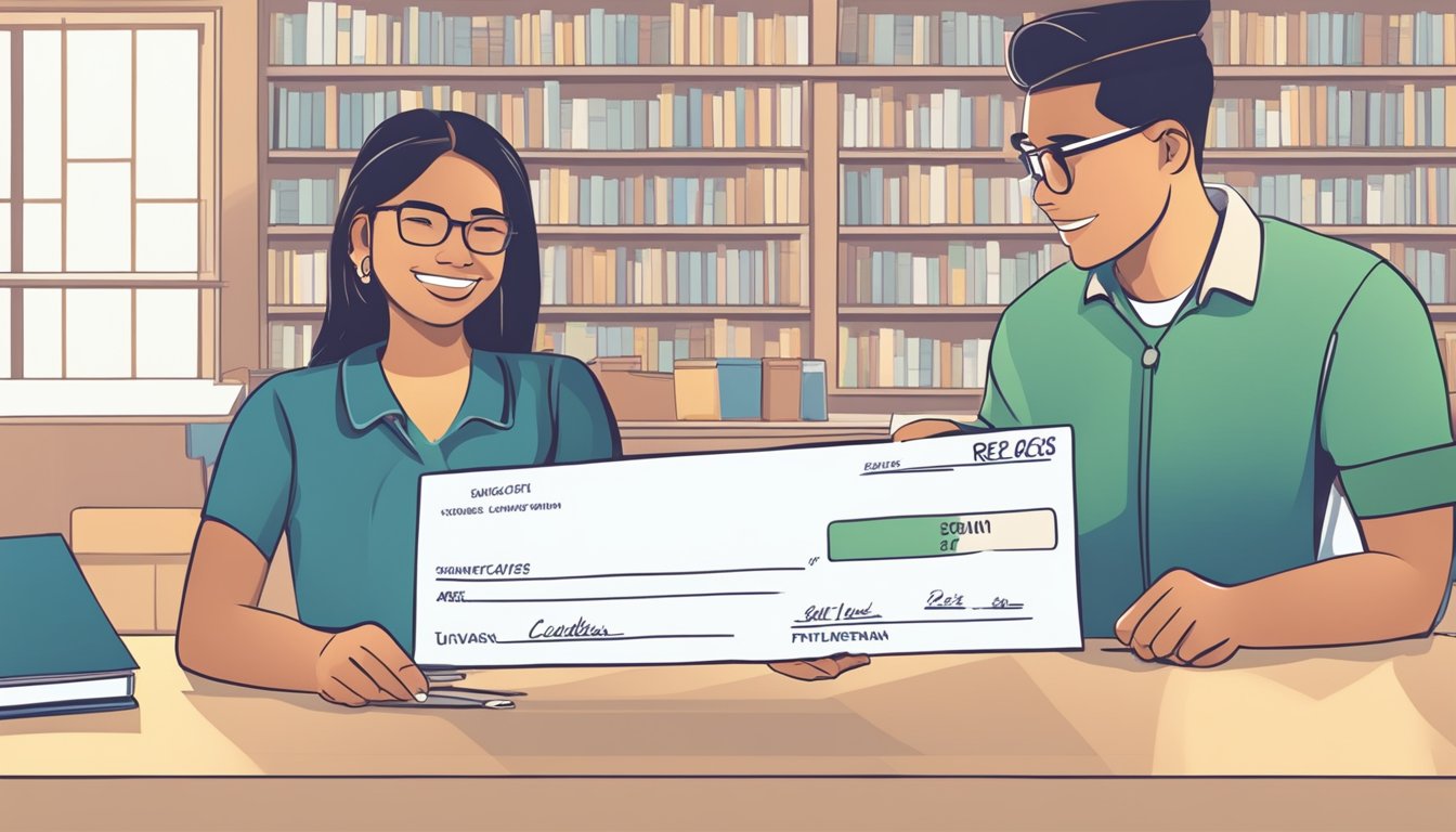 A student hands over a check to a university cashier, symbolizing repayment of their tuition fee loan