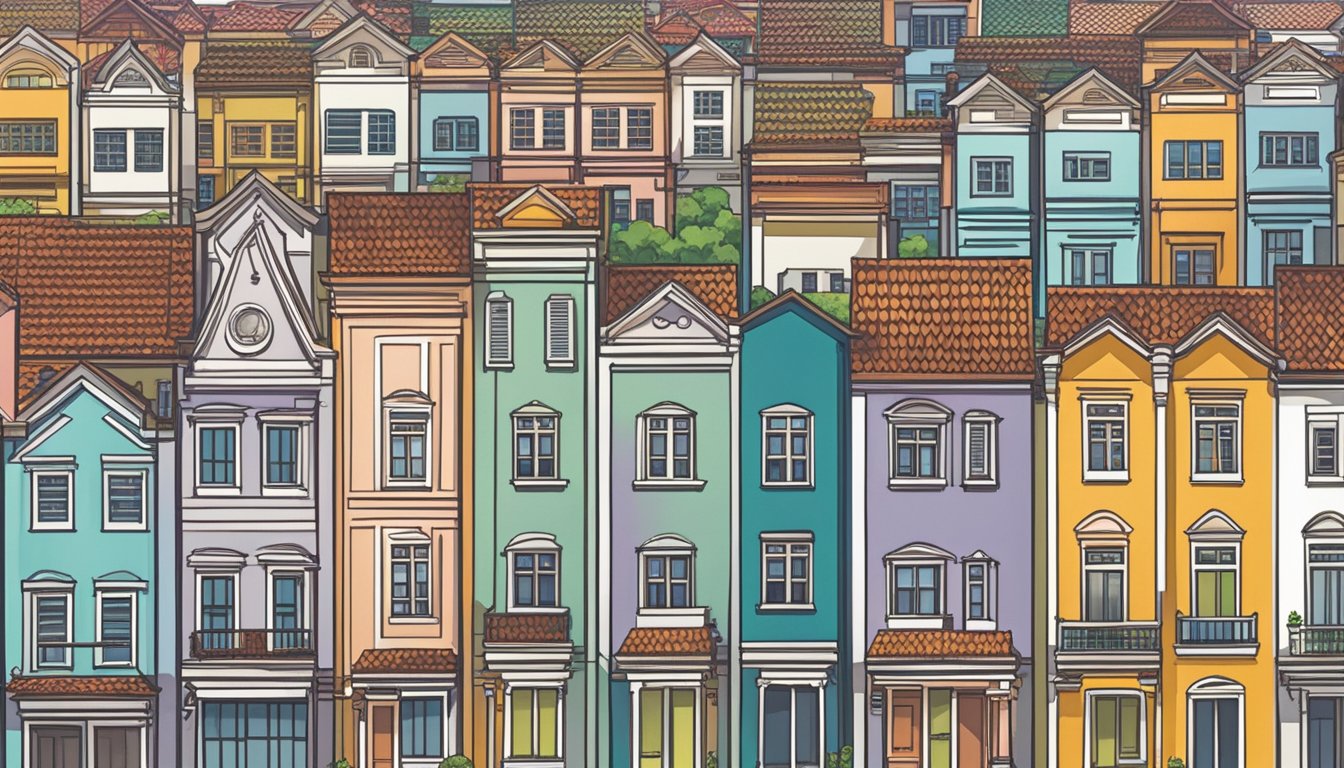 A row of colorful townhouses, high-rise condominiums, and traditional shophouses line the bustling streets of Singapore, showcasing the diverse types of housing finance available in the city-state