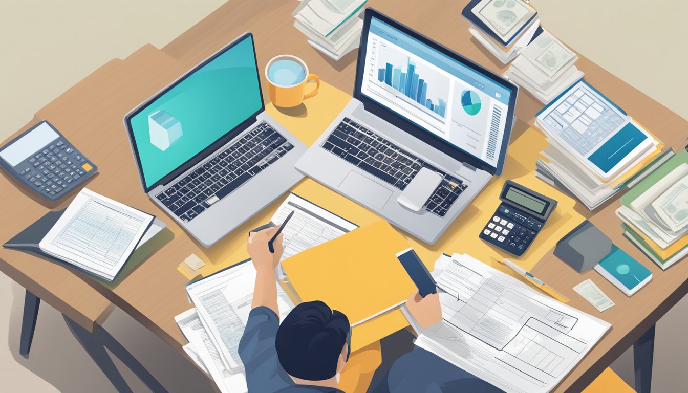 A person researching housing loans in Singapore, surrounded by documents, a laptop, and a calculator