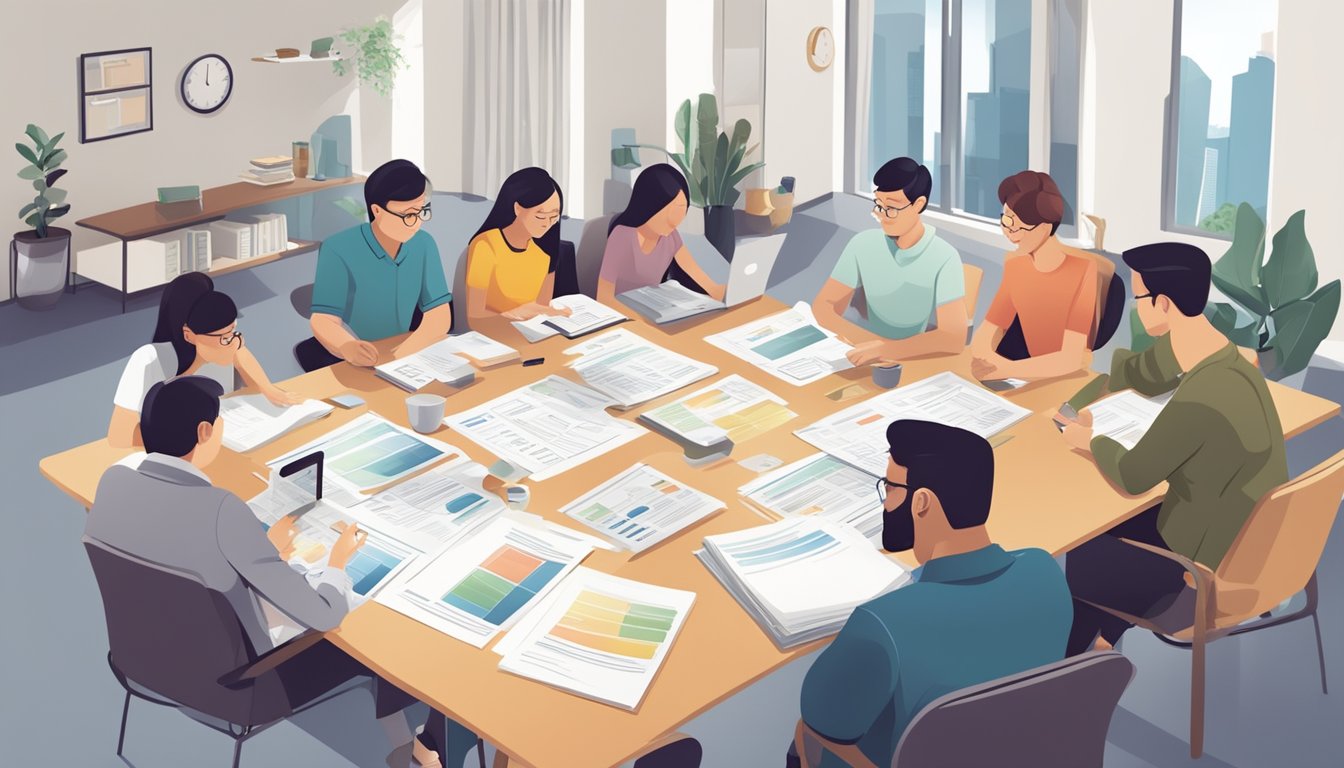 A diverse group of people applying for housing finance in Singapore, with various eligibility criteria and application types being discussed and considered