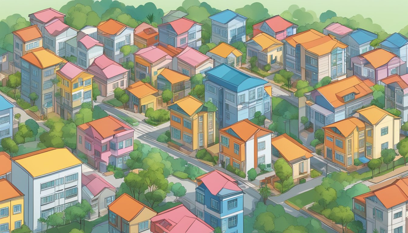 A diverse neighborhood in Singapore showcasing various types of housing grants, including public housing, rental housing, and subsidized housing for low-income families