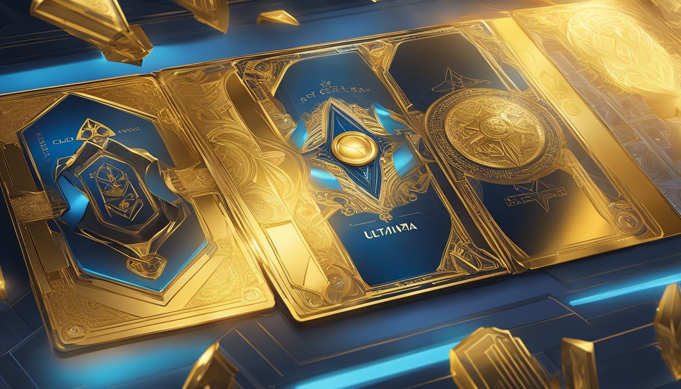 The ultima card shines with a golden glow, surrounded by various perks and benefits. A spotlight highlights the advantages, creating a sense of exclusivity and luxury
