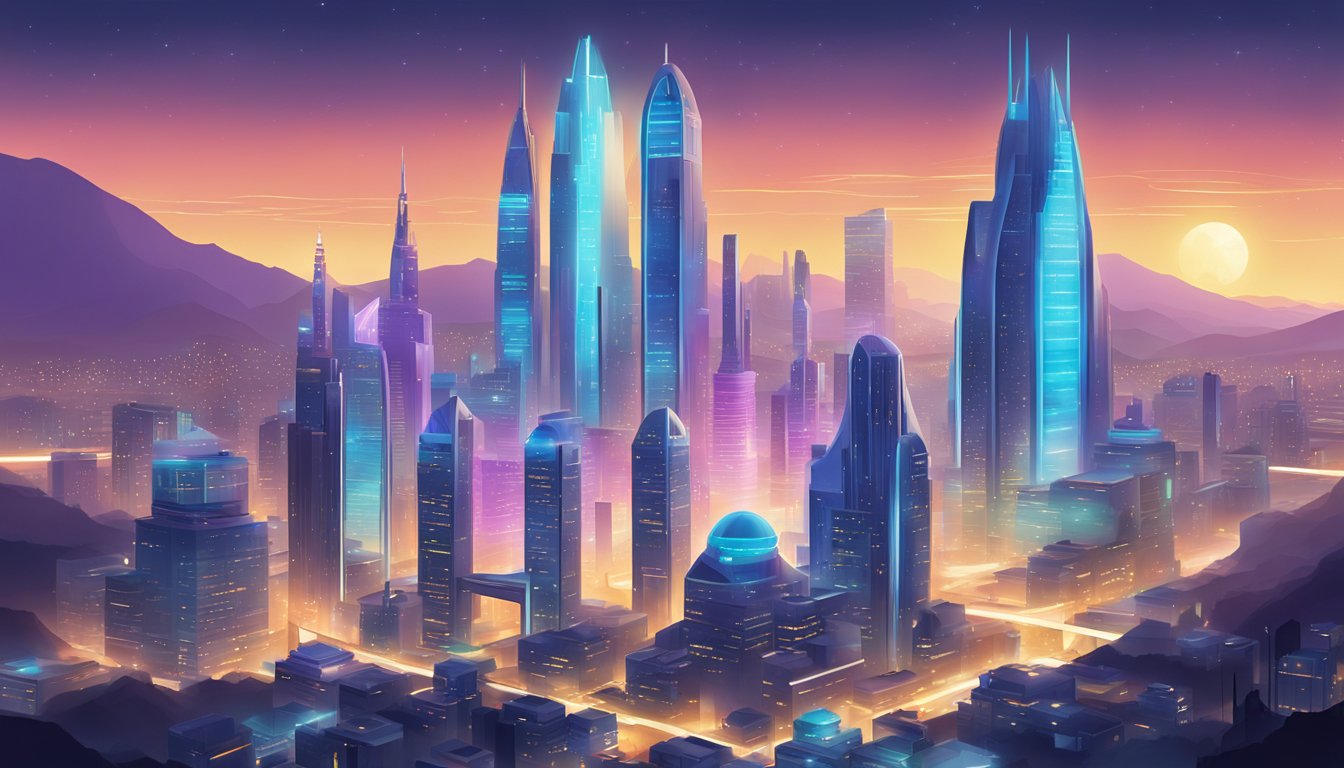 A futuristic city skyline with the iconic Ultima card building standing tall amidst sleek, modern architecture. Bright lights and vibrant colors illuminate the bustling streets below