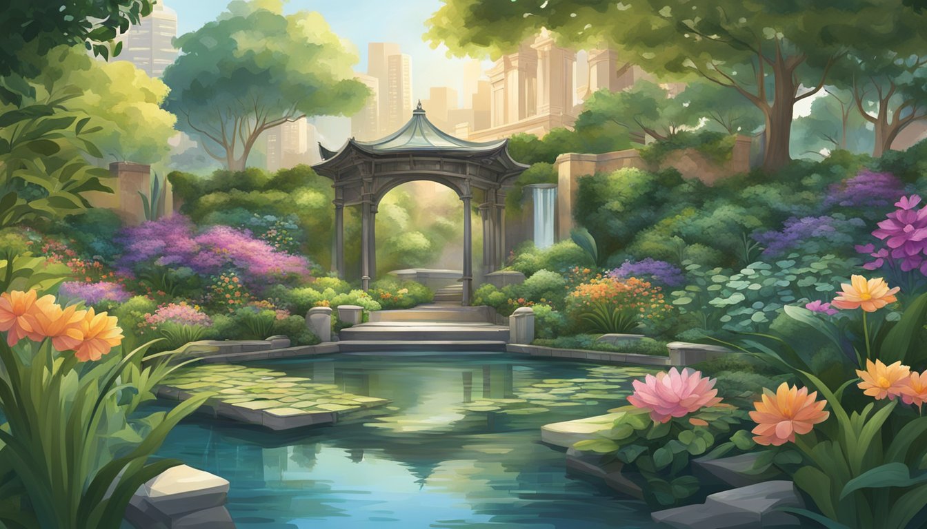A serene hidden garden nestled within the bustling city, with vibrant flora and tranquil water features, offering a peaceful escape from the urban chaos