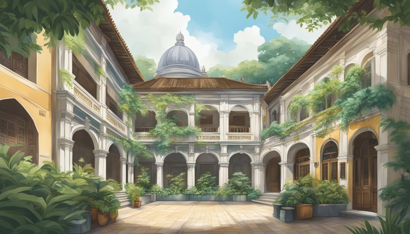 A serene courtyard nestled within the bustling city, with ornate architecture and lush greenery, showcasing the hidden gems of Singapore's historical hideaways
