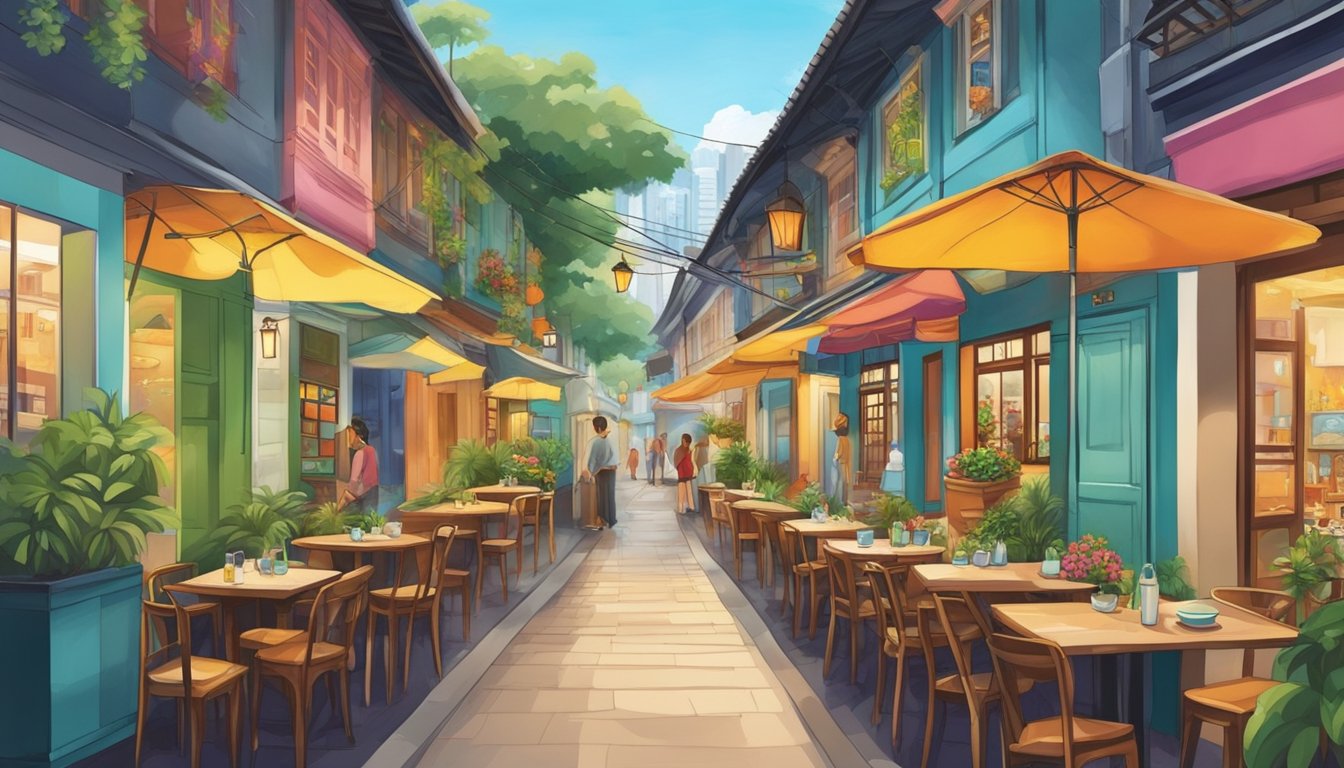 Charming alleyways lined with colorful eateries in Singapore. Vibrant murals adorn the walls, while the aroma of diverse cuisines fills the air