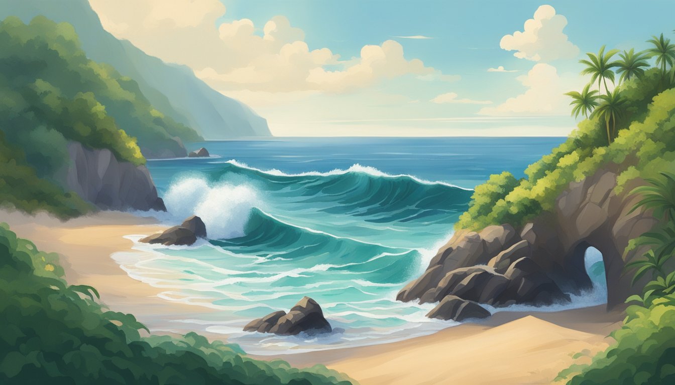 Waves gently kiss hidden coves, framed by lush greenery and towering cliffs. A serene atmosphere envelops the secluded spots, offering a tranquil escape by the sea