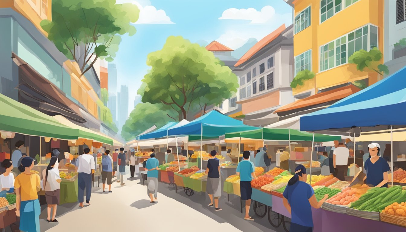 A bustling street market in Singapore, with colorful stalls and exotic foods, surrounded by hidden alleys and quaint cafes