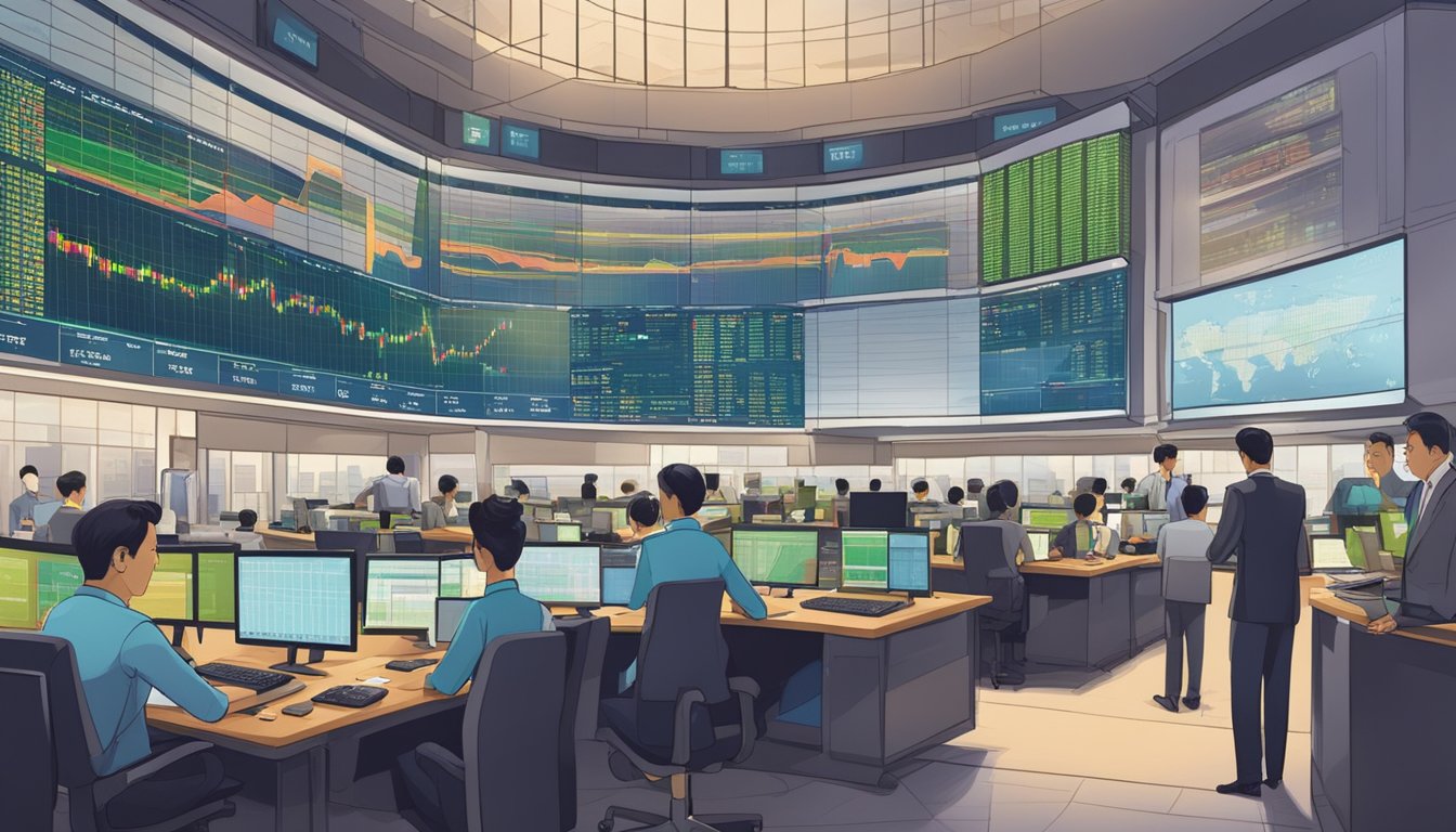 A bustling Singapore stock exchange, with traders analyzing data and charts, seeking undervalued stocks