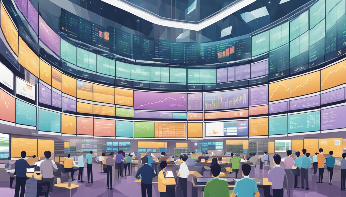 A bustling Singapore stock exchange with screens displaying top sectors for value investing