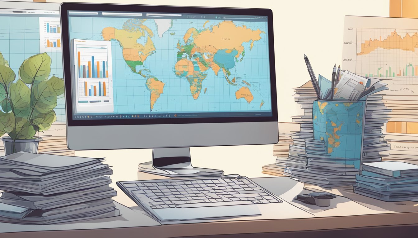 A desk with a computer, stock charts, and financial news. A stack of books on investing and trading. A world map with a focus on Singapore
