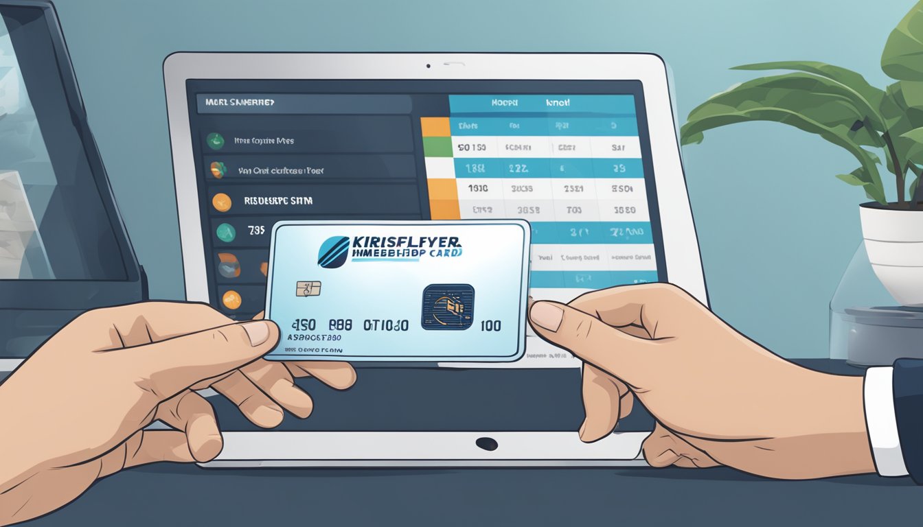 A hand holding a KrisFlyer membership card while selecting flights on a digital screen. Miles being redeemed for upgrades displayed on the screen