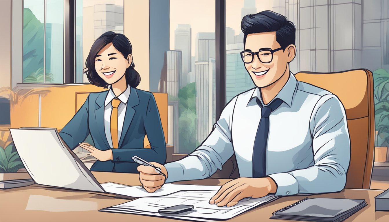 A smiling loan officer approves an unemployed person's loan application in Singapore