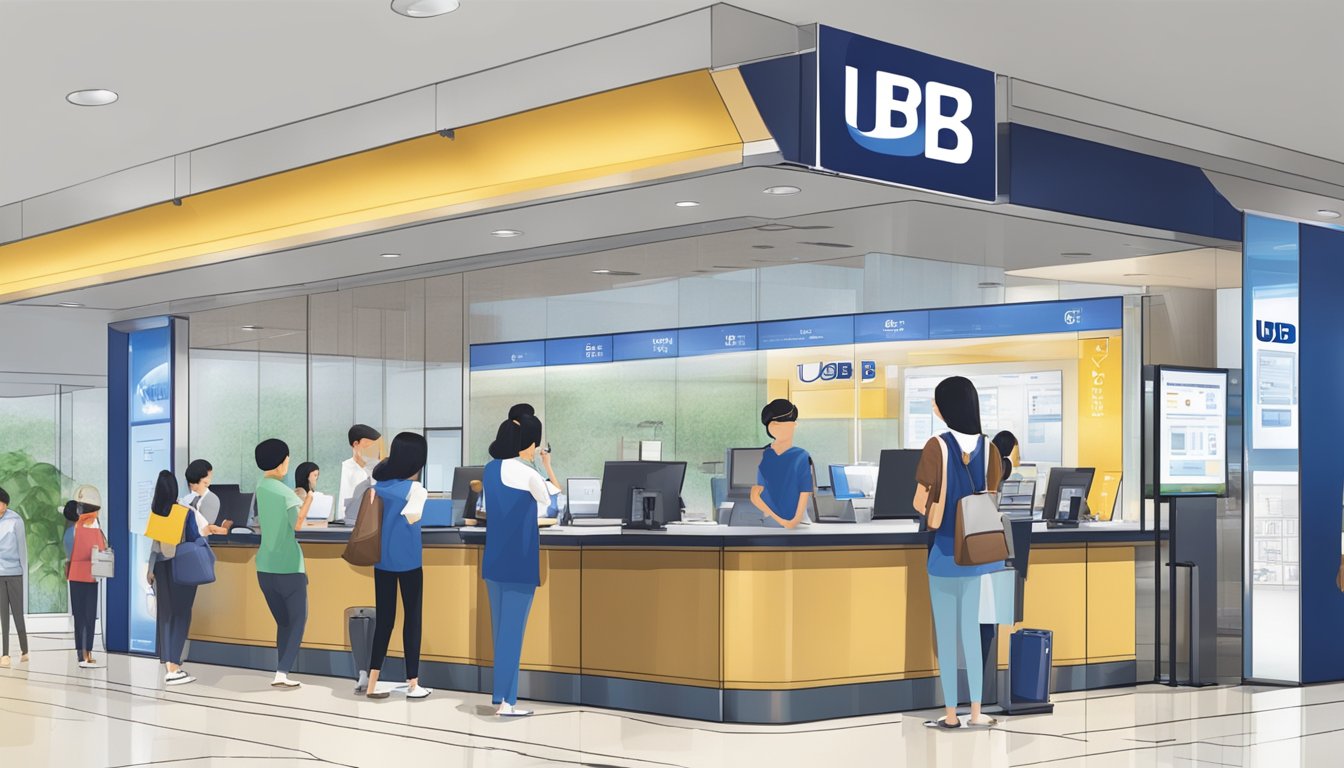A modern bank branch in Singapore with the UOB logo displayed prominently, customers using self-service kiosks, and staff assisting with account inquiries