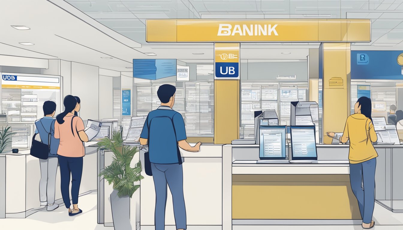 A person fills out forms at a UOB bank branch in Singapore, with signs and brochures promoting various banking services and features