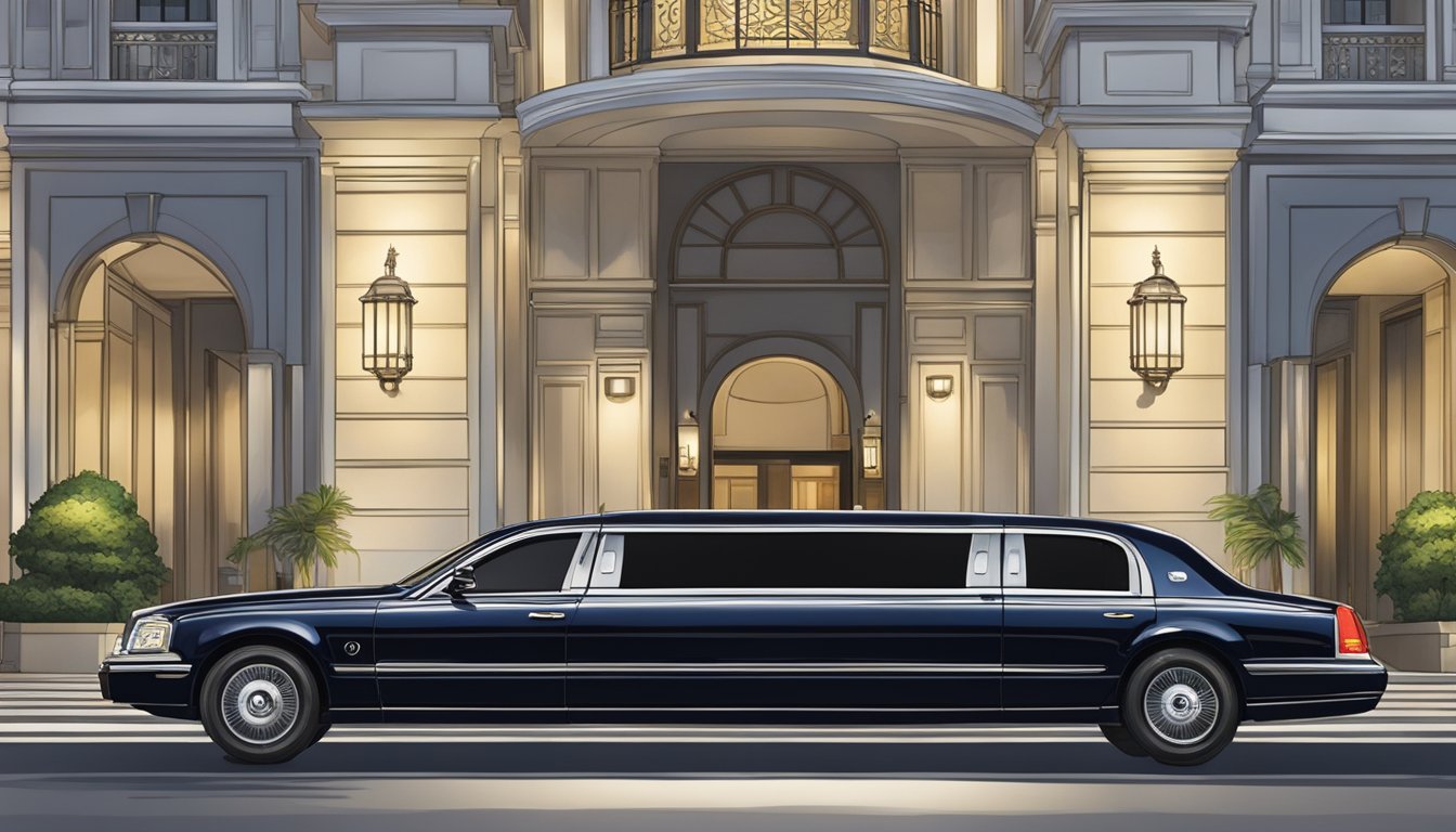 A sleek UOB AMEX PRVI limousine pulls up to a grand Singapore hotel entrance. The chauffeur opens the door, and a distinguished guest steps out